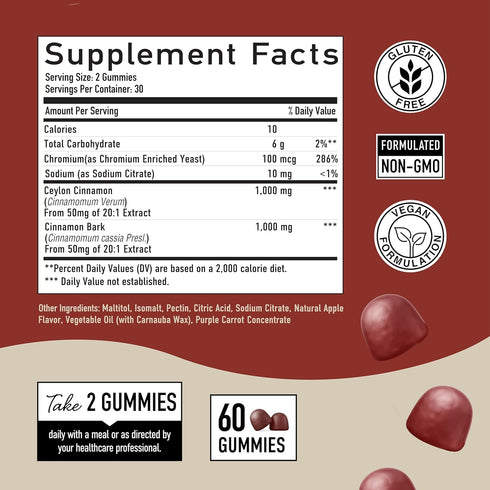 Sugar-Free Cinnamon Gummies 2000MG with Ceylon Cinnamon & Cassia Complex | Sugar-Free Lifestyle Supplement & Guilt-Free Cinnamon Apple Flavor with...
