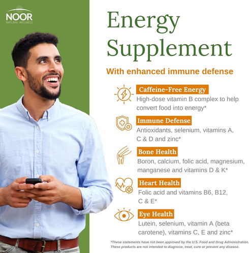 Noor Vitamins Energy+ Multivitamin; Halal Vitamin for Energy Production & Immunity, 26 Vitamins & Minerals, Black Seed, Dates, Honey, for Men & Wo...