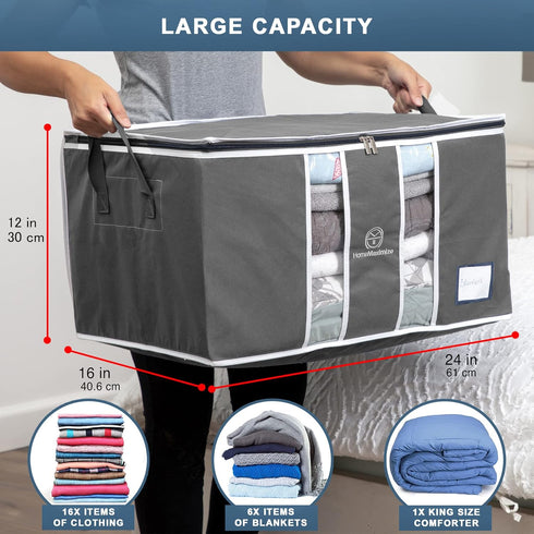 Clothes Storage Bag Organizer for, Blankets, Clothing, Comforters and Bedding Sets - Stackable with Zippers - Clear Window - 3 Pack Grey...