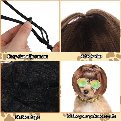 3 Pieces Dog Cosplay Wig, Cat Wigs, Dog Cosplay Costumes Accessories Include 3 Pieces Retro Pet Round Sunglasses and 1 Pieces Dog Chain Necklace, ...