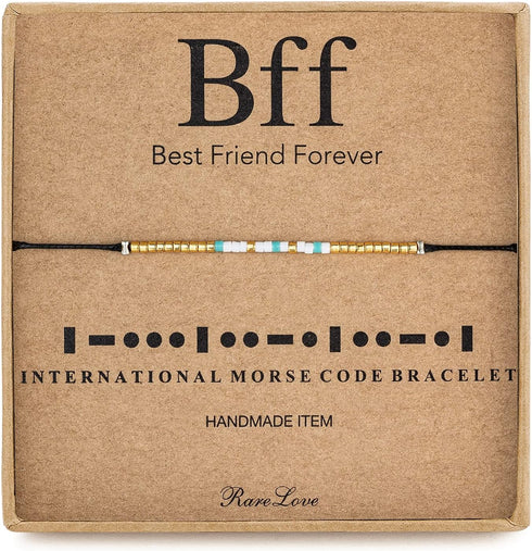 RareLove BFF Morse Code Beaded Bracelet Long Distance Relationships Friendship Gifts for Best Friends Waterproof Gold Blue White Tiny Pony Seed Be...