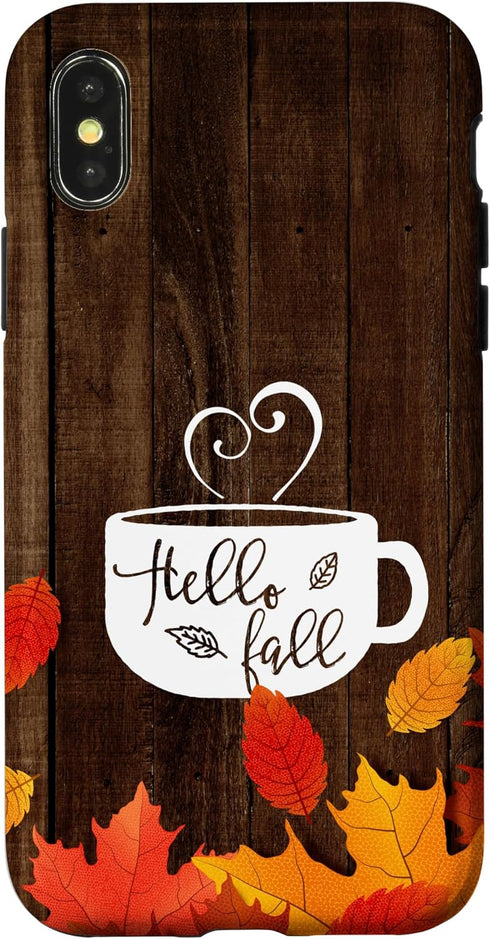 Hello Fall Coffee Mug Autumn Leaves Happy Fall Feeling Case for iPhone X/XS...