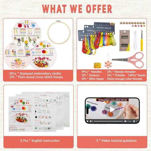 VIVAwisdom Embroidery kit Beginner?DIY Cross Stitch Kits for Beginners Adults?3 Sets Embroidery kit with Helpful Video tutorials and Clearly Instr...