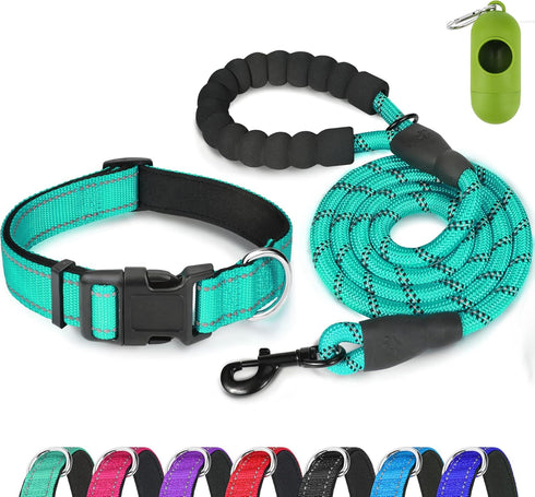 Dynmeow Reflective Dog Collar and Leash Set, 6FT Strong Climbing Rope Leash with Padded Handle, Adjustable Pet Collar with Soft Neoprene Padding f...