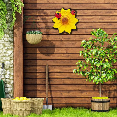12 Inches Metal Flower Wall Art Garden Decor Cute Ladybug Flowers Decorations Hanging for Outside Yard Porch Lawn (Yellow)...