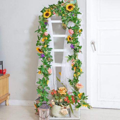 Naidiler Artificial Flower Garland, Sunflower & Rose Vines, Boho Wedding & Birthday Decor, 6ft Straight, Pink & Yellow, Fabric & Plastic...