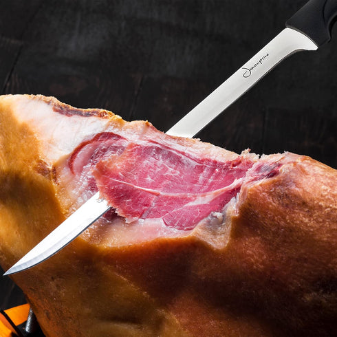 Ham Carving Knife with Honing Steel and Ham Cover - Professional Set for Slicing Serrano, Ibérico Ham & Italian Prosciutto...