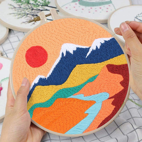 Louise Maelys 3 Set Landscape Embroidery Kits for Beginners,Cross Stitch Kit for Adults,DIY Needlepoint Kits with Mountain sun moon pattern...