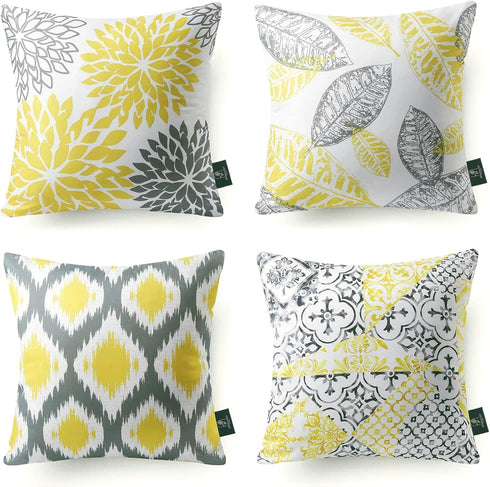 Phantoscope Set of 4 New Living Series Leaf Geometric Yellow and Grey Throw Decorative Pillow Cover Cushion Cover 18 x 18 inches 45 x 45 cm...