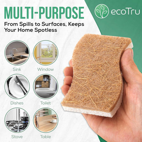 6 Pack Natural Kitchen Sponges, Compostable White Cellulose & Organic Coconut Scrubber Sponge for Washing Dishes, Kind Eco Friendly Non-Scratch & ...