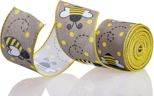 ATRBB Honey Bee Wired Edge Ribbon, Cute Honeybee and Polka Dot Print Ribbon for Wreaths, Gift Wrapping and Party Decoration, 10 Yards by 2.5 Inche...