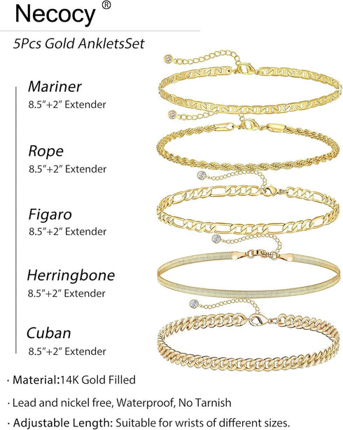 Gold Ankle Bracelets for Women,14K Gold Anklets for Women Waterproof Cuban Link Figaro Chain Gold Anklet for Women Summer Beach Anklets Set Layere...