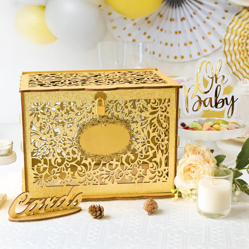 OurWarm Glittery Gold Wedding Card Box with Lock, Wood Gift Card Box for Wedding Reception, Envelope Box for Party Graduation Birthday Baby Shower...
