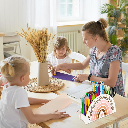 Back to School Rainbow Pencil Pen Holder Boho White Pink Wooden Pen Organizer Desktop Pen Container for Makeup Brushes Crayon Office Student Teach...