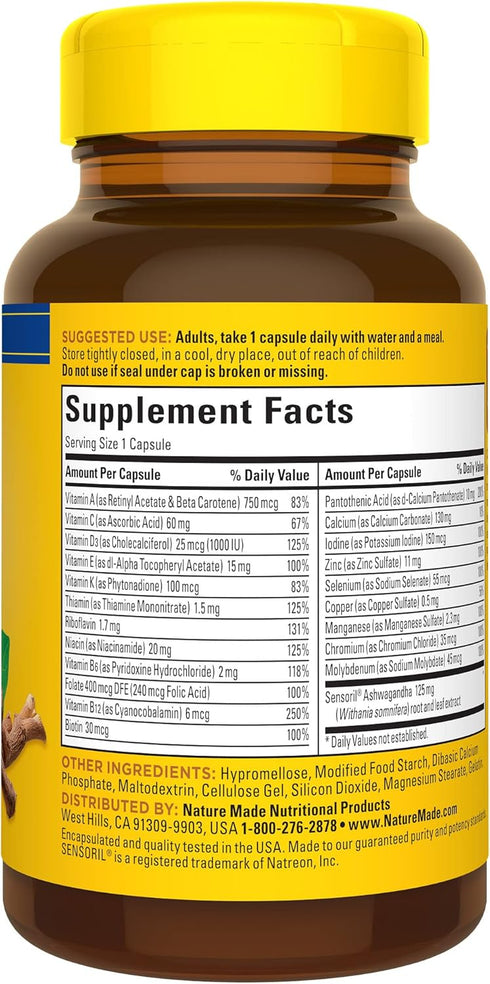 Nature Made Multi + Ashwagandha, Multivitamin for Daily Stress Relief Support, One Per Day Multivitamin, 60 Capsules...