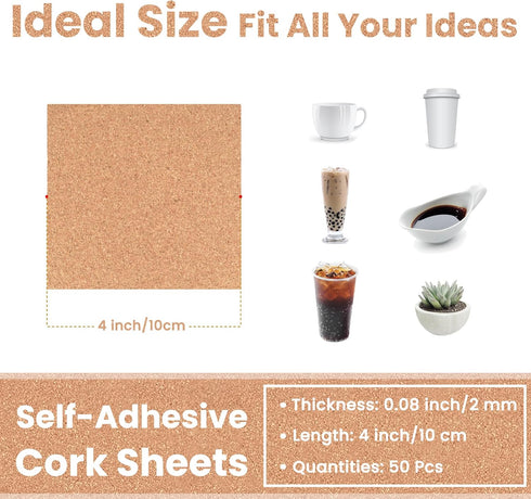 50 Pcs 2mm Self-Adhesive Cork Sheets for DIY Coasters, 4 Inch Thick Square Backing Cork Tiles Mat with Strong Adhesive-Backed for DIY Crafts Adhes...