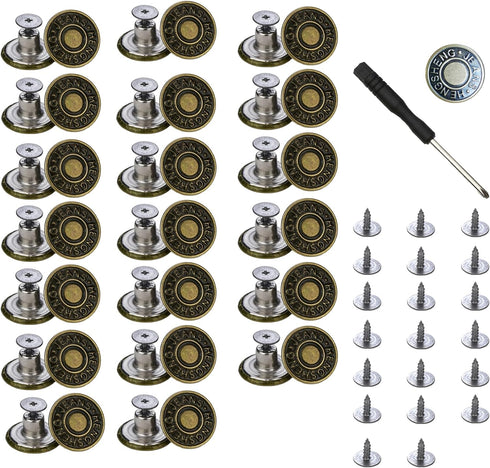 20 Pcs Button for Sewing Metal Jeans, 17 mm No-Sew Nailess Removable Metal Jeans Buttons Replacement Repair Combo Thread Rivets and Screwdrivers.(...