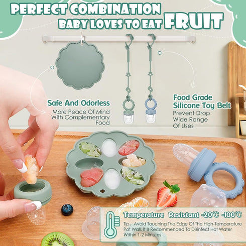 Baby Fruit Food Feeder,2 Pack Silicone Baby Teething Toys,includes Breastmilk Popsicles Molds,Toy Straps,6 Different Size Food Pacifier,Baby Food ...