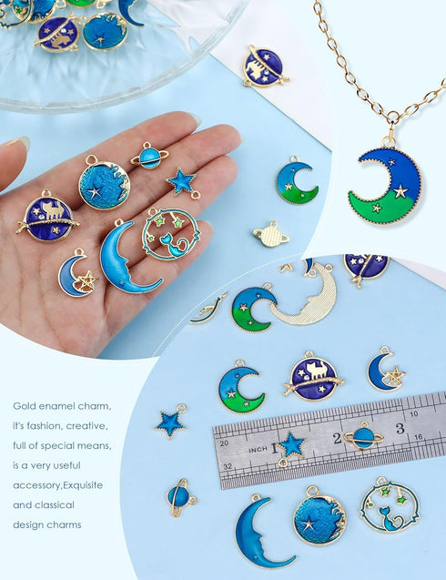 JIALEEY Assorted Gold Plated Enamel Cat Moon Star Celestial Charm Pendant DIY for Earrings Necklace Bracelet Jewelry Making and Crafting...