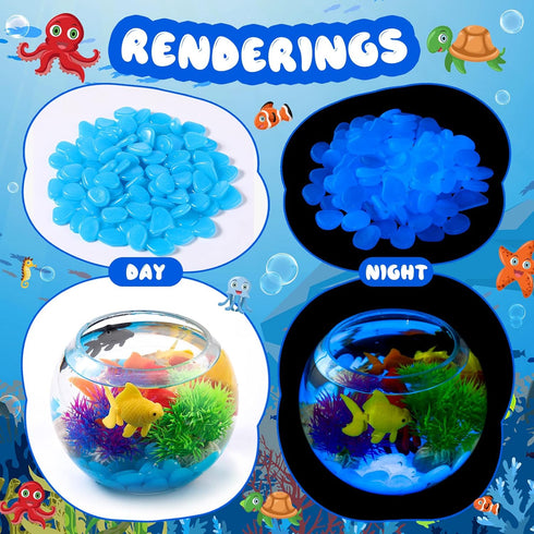 Jexine 100 Pcs Fish Tank Rocks Glow Blue, Fish Tank Stones Accessories Gravel with 10 Pack Artificial Aquatic Plants Fish Tank Plants Plastic Cora...
