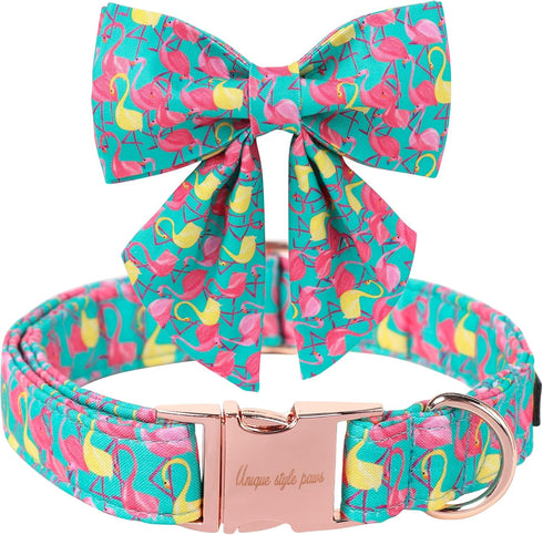 Unique Style Paws Dog Collar with Bowtie, Cute Flamingo Dog Collars Adjustable Puppy Collar for Small,Medium,Large Dogs...