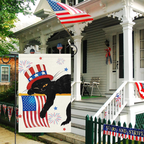 Louise Maelys 4th of July Garden Flag 12x18 Double Sided Vertical, Small Burlap Black Cat Welcome Patriotic Garden Yard House FLags for Memorial D...