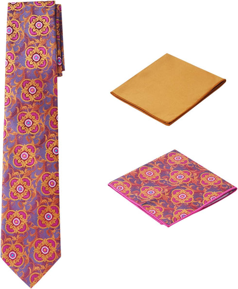 Men's Woven Medallion Regular Length Neck Tie with 2 Handkerchief Pocket Squares Hanky Set - Grey Wine Gold...