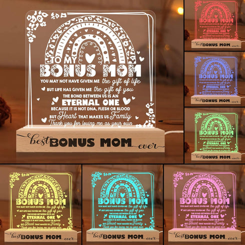 Bonus Mom 3D Illusion Lamp w Wooden Base USB Powered Acrylic Night Light, Mom Gift from Son Daughter, Lamp Present for Mother Stepmom Bonus Mom, H...
