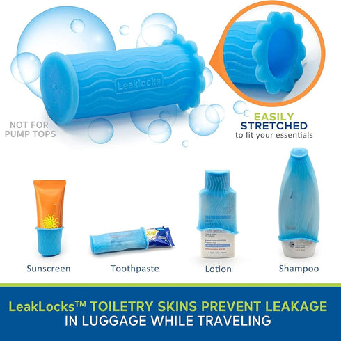 LeakLocks® Toiletry Skins™ Elastic Sleeve for Leak Proofing Travel Container in Luggage. For Standard and Travel Sized Toiletries. Reusable Access...