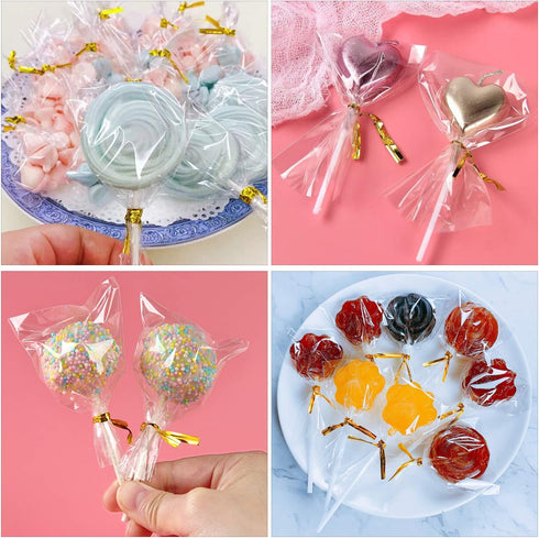 300PCS Lollipop Cake Pop Treat Bag Set Including 100pcs Parcel Bags, Papery Treat Sticks, Gold Metallic Twist Ties for Making Candies, Chocolates ...