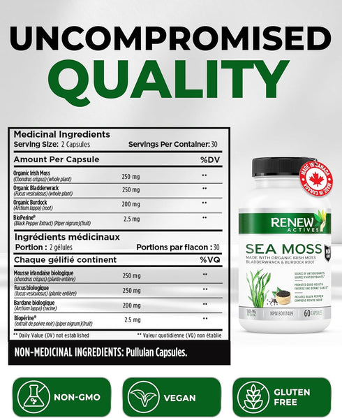 Renew Actives Sea Moss Capsules - Premium Triple-Action Antioxidant Blend with BioPerine for Ultimate Absorption - Organic Irish Sea Moss, Bladder...