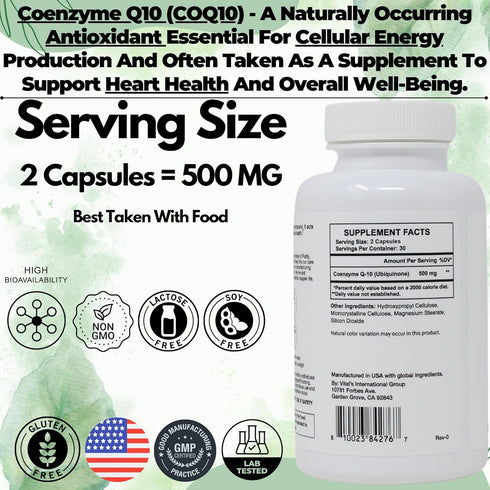 PRISTINE'S CoQ10 500MG Energy Production Support Supplement Capsules - 30 Day Supply Heart Health Supplement - Lung Health & Migraine Support Anti...