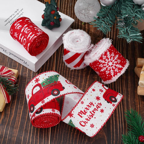 AnyDesign 24 Yards Christmas Wired Edge Ribbon Red White Xmas Snowflake Truck Fabric Craft Ribbon for Wreath Bow Making Gift Wrapping, 4 Roll...