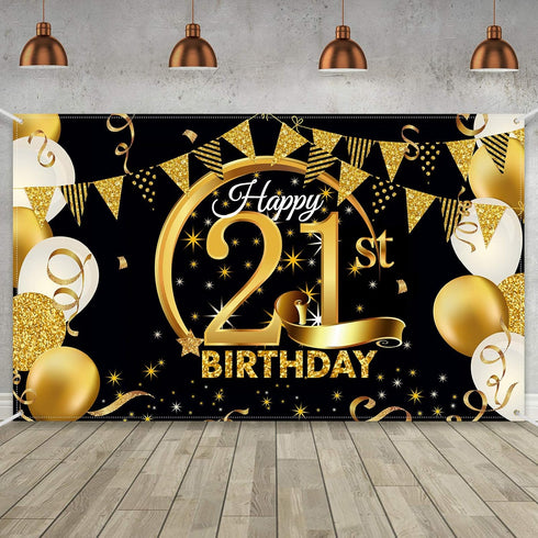 Birthday Party Decoration Extra Large Fabric Black Gold Sign Poster for Anniversary Photo Booth Backdrop Background Banner, Birthday Party Supplie...