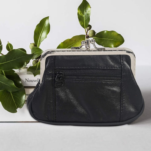 Women's Leather Metal Frame Double Clasp Zipper Coin Purse 5 1/4" x 3 1/4" (Black)...