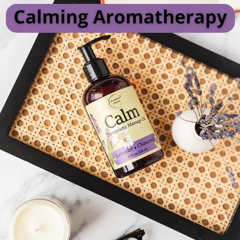 Calm Massage Oil with Lavender & Chamomile Essential Oils to Relax Sore Muscles - for Massage Therapy & Home use – with Coconut, Grapeseed & Jojob...