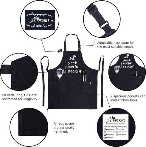 Kitchen Chef Apron - MR. GOOD LOOKIN' IS COOKIN' Funny Aprons for Men Dad - Adjustable Bib Apron with 2 Pockets and 40" Long Ties, Perfect for Coo...