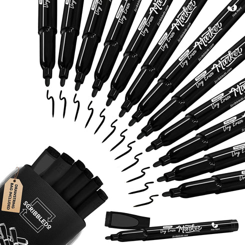 Scribbledo 12 Pack Magnetic Dry Erase Markers Black Fine Tip Whiteboard Markers with Eraser Cap Thin Low Odor Skinny White Board Markers for Adult...