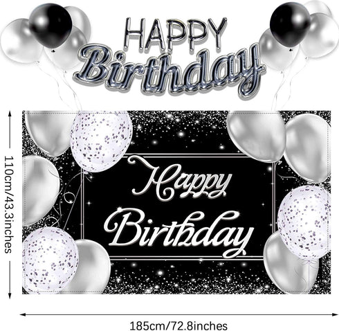 Happy Birthday Backdrop Banner - Black and Silver Photography Background - Large Party Sign Poster for Men and Women - Decoration Supplies...