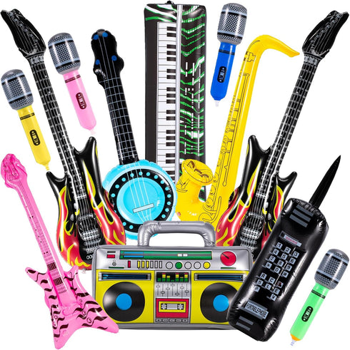 12 Pcs Inflatable Instruments,Inflatable Rock Star Toy Set,Inflatable Guitar,Blow up Guitar Inflatable Saxophone Inflatable Microphones Bass Lute ...