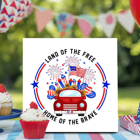 4th Of July Decor Box Sign For Independence Day Patriotic Decor 5x5 Inch Home Of The Brave Car Fireworks Balloons Flag Patriotic Wooden Block Plaq...
