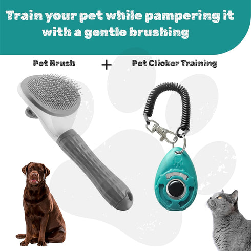 Cat Brushes for Indoor Cats - Dog Brush for Shedding - Cat Brush for Long Hair Cat - Dog & Cat Brush + Dog & Cat clicker for training - Self Clean...