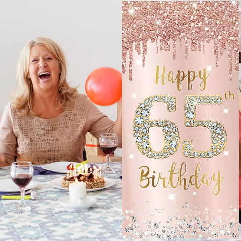 65th Birthday Decorations Door Banner for Women, Pink Rose Gold Happy 65 Birthday Backdrop Party Supplies, 65 Year Old Birthday Poster Door Cover ...