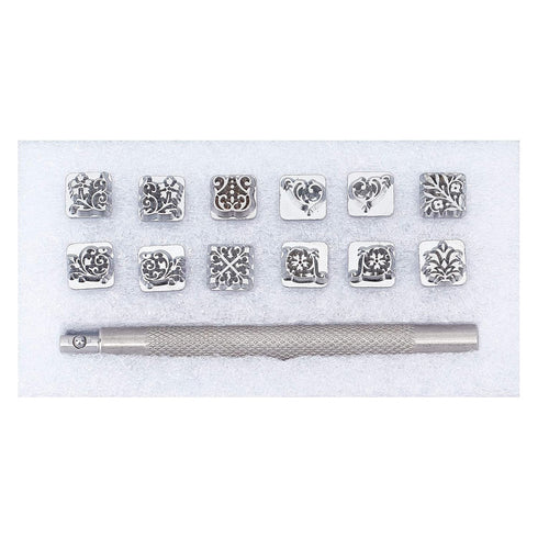 PH PandaHall 12pcs 10mm Zinc Alloy Leathercraft Metal Flower Pattern Stamps Punch Set Tool with 1pc Handle for Leather Craft Belt Bag Craft DIY Je...