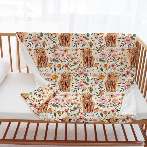 Highland Cow Boho Floral Baby Blanket Unisex, Soft Newborn Minky Blankets with Double Layer Dotted Backing, Farmhouse Themed Receiving Blankets, T...
