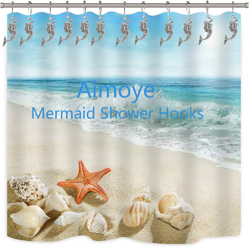 Mermaid Shower Curtain Hooks Rings - Silver Shower Curtain Hangers Rust Proof Shower Hooks for Shower Curtain, Decorative Bathroom Accessories Set...