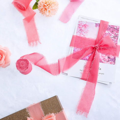 Boao 4 Rolls Handmade Fringe Chiffon Silk Ribbon 1.5" x 7yd Pink Assorted Ribbon Frayed Ribbons for Wedding Invitations Bridal Bouquets Gifts Wrap...