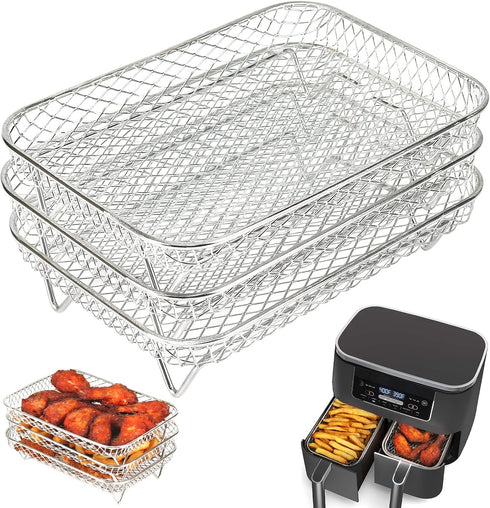 BYKITCHEN Air Fryer Rack for Ninja Dual Air Fryer, 3pcs Stackable Stainless Steel Dehydrator Rack, Rectangle Air Fryer Racks Compatible with Doubl...