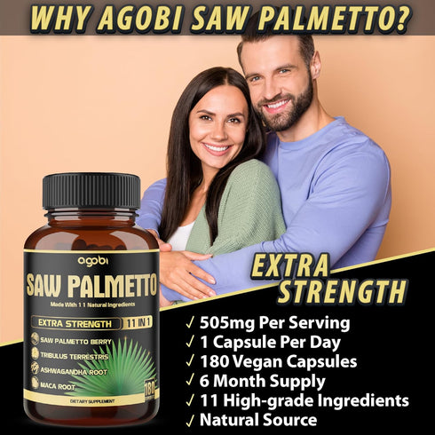 11in1 Saw Palmetto Capsules with Ashwagandha, Turmeric, Tribulus, Maca, Green Tea, Ginger, Holy Basil & More - Healthy Prostate & Hair Support - 1...
