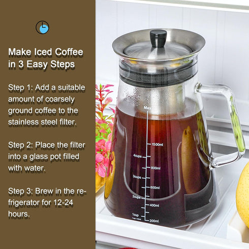 Aquach Airtight Cold Brew Coffee (Iced Tea) Maker 51oz/1.5L, BPA-Free, Durable Borosilicate Glass Pitcher and Stainless Steel Fine-Mesh Filter, Di...